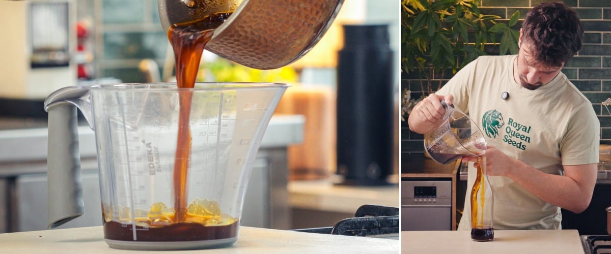 Paso 3: Colar y Embotellar el Aceite de Chile con Cannabis Colando aceite de chile infusionado con cannabis a través de un colador y vertiéndolo en una botella de vidrio para su almacenamiento