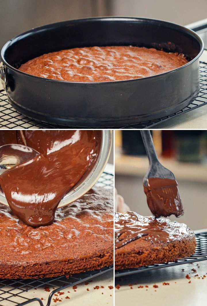 Vertiendo chocolate negro derretido sobre un space cake enfriado y extendiéndolo de forma uniforme, cuarto paso para finalizarlo