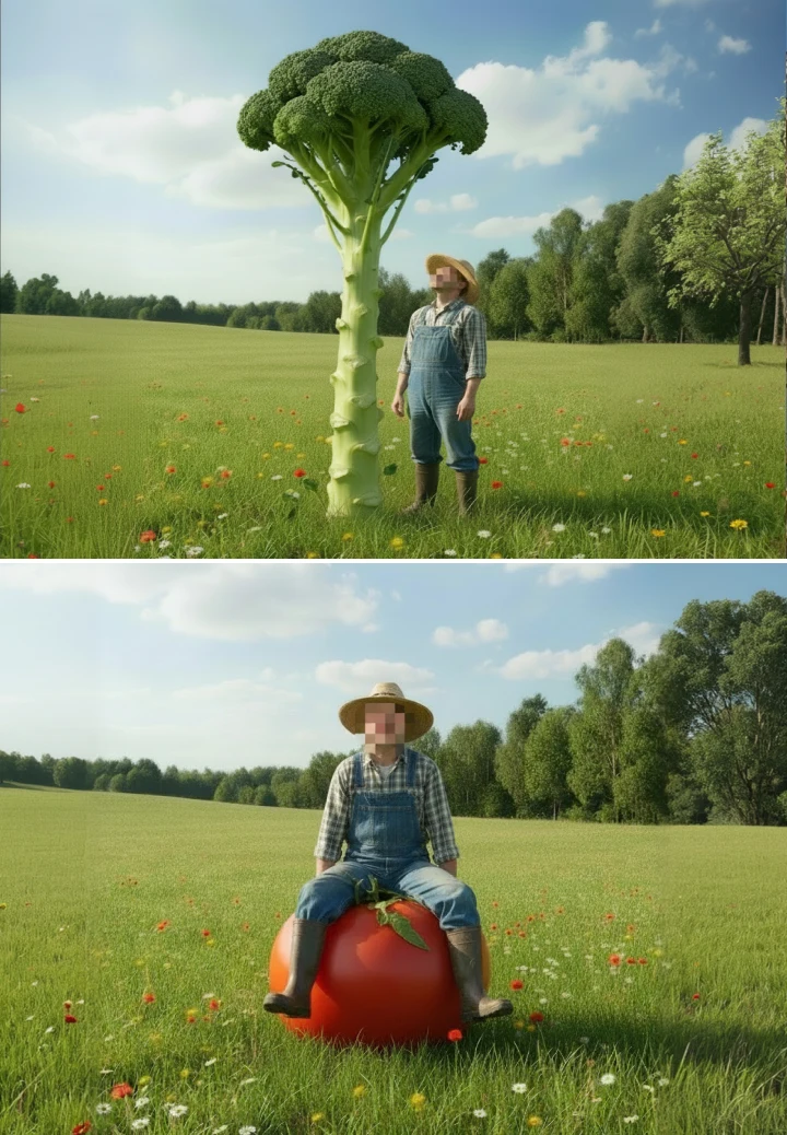Imagen surrealista de GrowHauzz con un brócoli gigante y un tomate enorme en un campo soleado, representando grandes ideas de cultivo y un enfoque audaz
