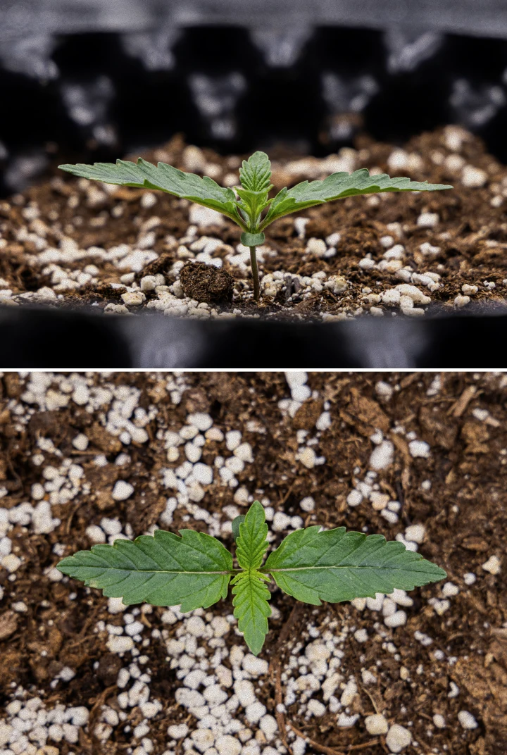 Plántula de cannabis GOAT'lato Auto en la semana 1 creciendo en BioBizz Light Mix bajo luz LED, mostrando las primeras hojas verdaderas y crecimiento temprano vigoroso