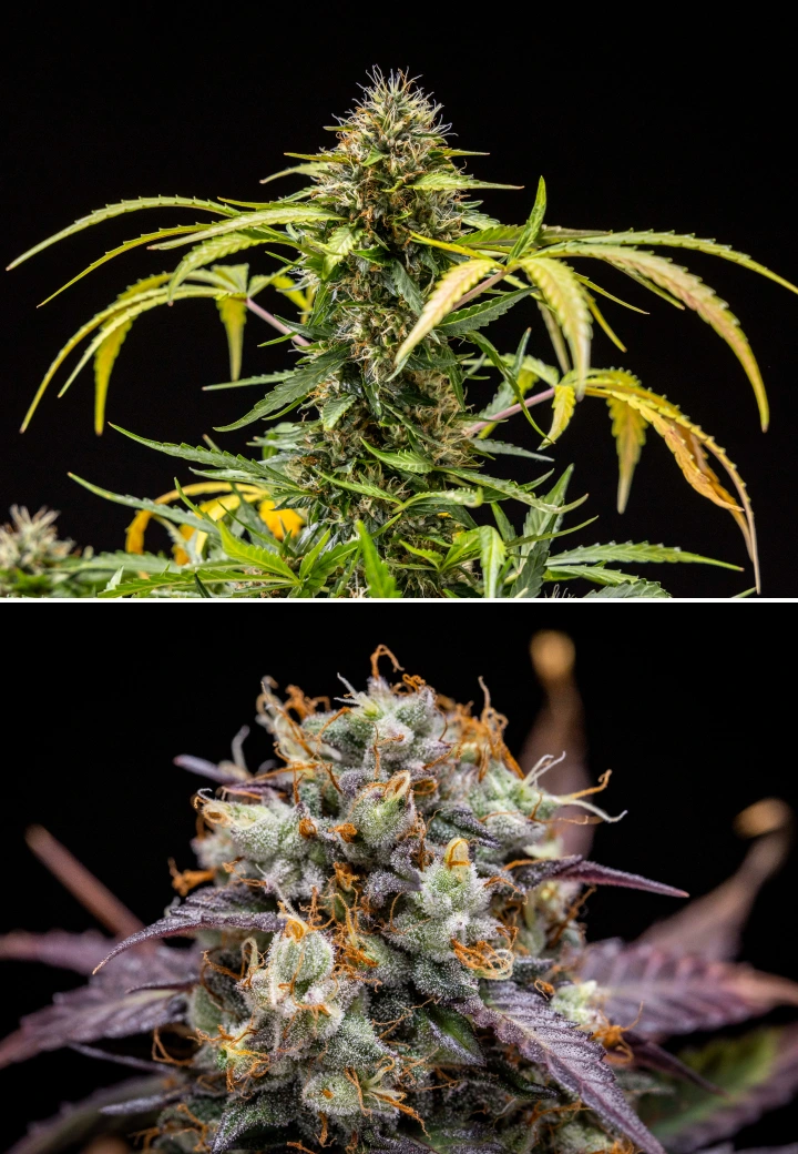 Planta de cannabis North Thunderfuck durante las semanas 9–10 de floración, mostrando cogollos completamente desarrollados, pistilos oscurecidos, una abundante cobertura de resina y señales de estar lista para la cosecha bajo una luz LED