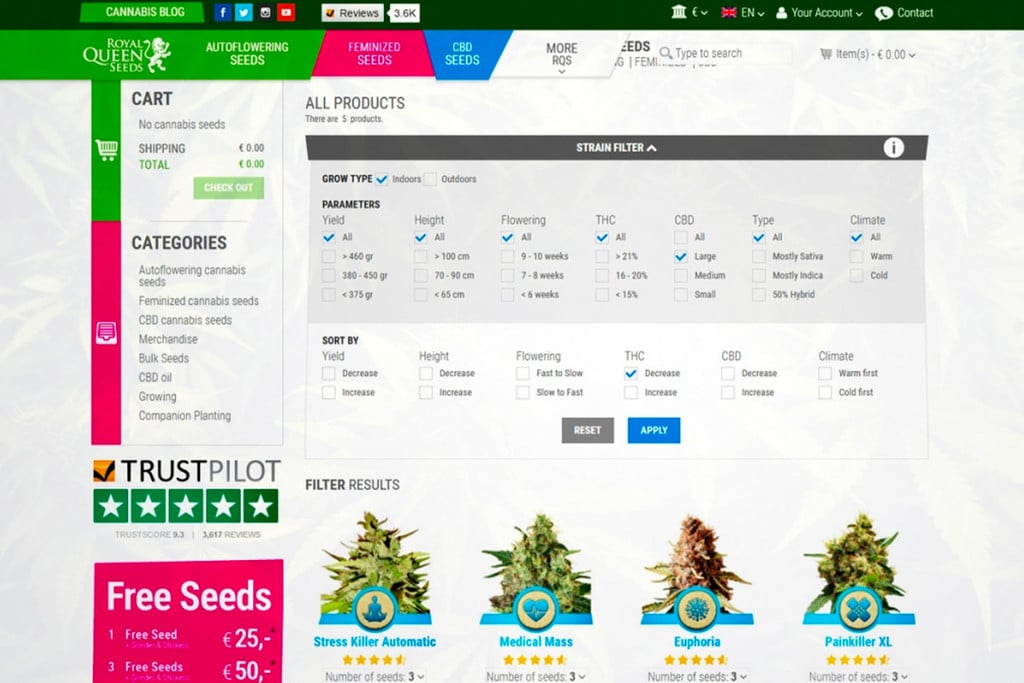 ¡Presentamos el filtro de variedades de cannabis de Royal Queen Seeds!